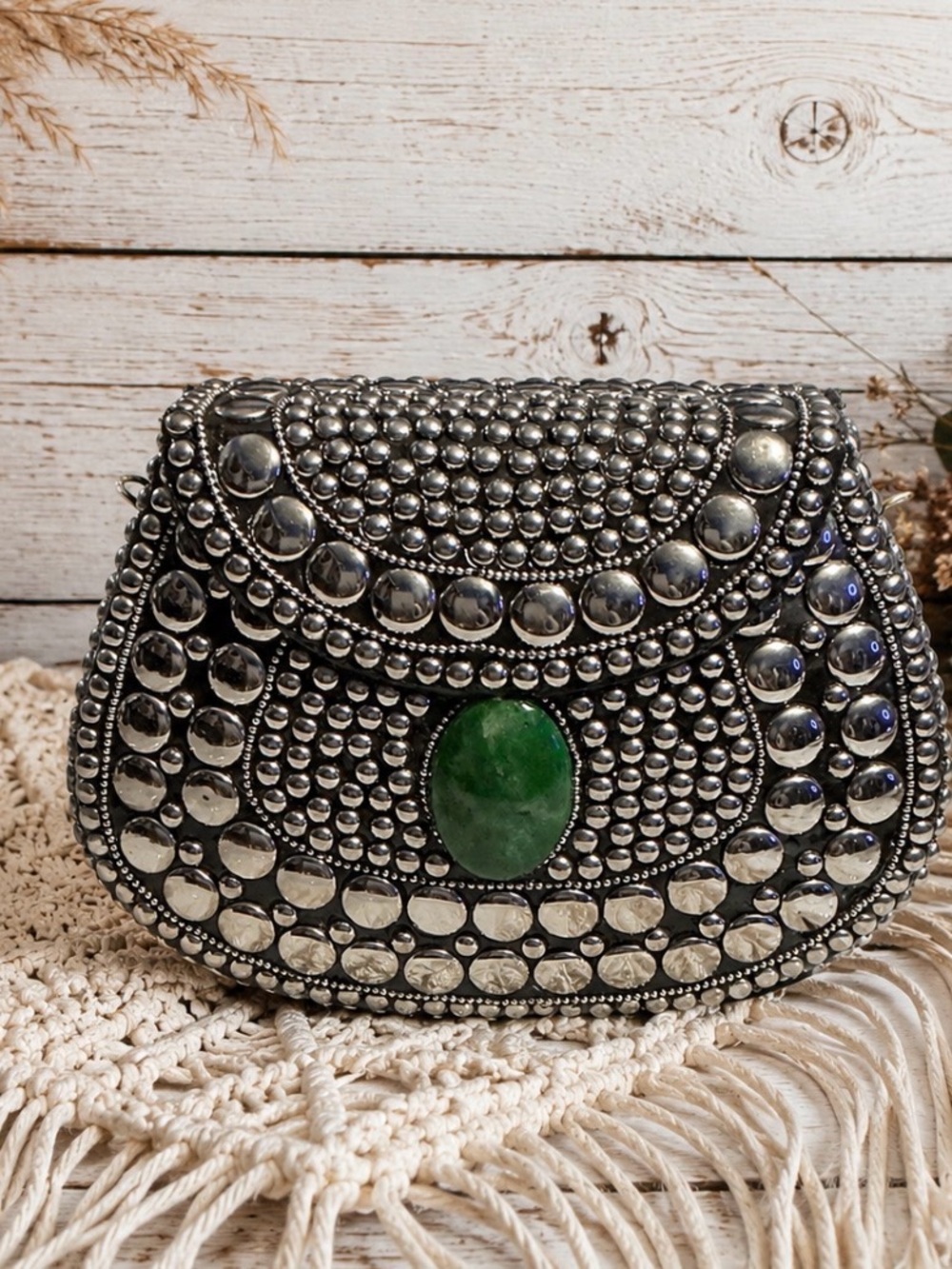 RAMLA Porte Moi Mosaic Moroccan Crossbody Clutch Silver Studded Green Stone NIP - Picture 5 of 11